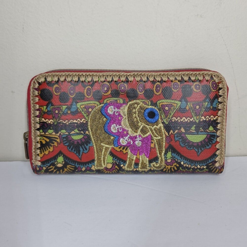 Sakroots Artist Circle Elephant Zip Around Wallet Embroidered Colorful Boho